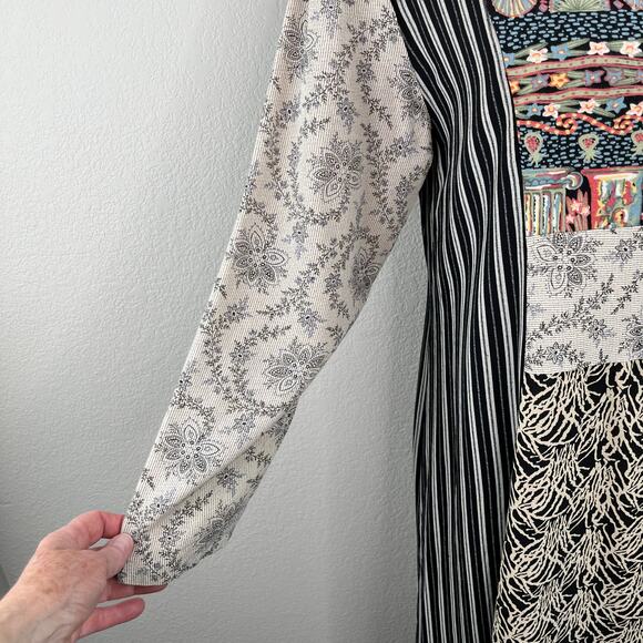 Black Stripe Floral Mixed Print 3/4 Sleeve Eclectic Boho Maxi Shift Dress Medium - Picture 6 of 14